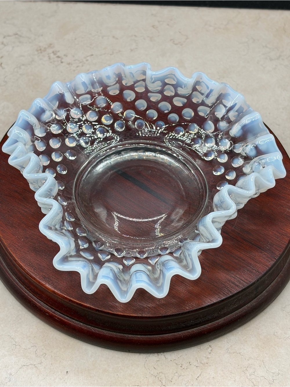 Fenton French Opalescent Glass Hobnail Ruffled Edges Bonbon Dish Moonstone 40s